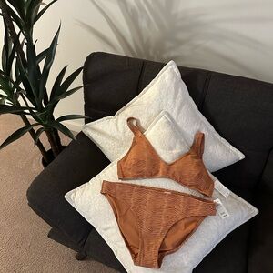 aerie Textured Scoop Bikini Set in Rust